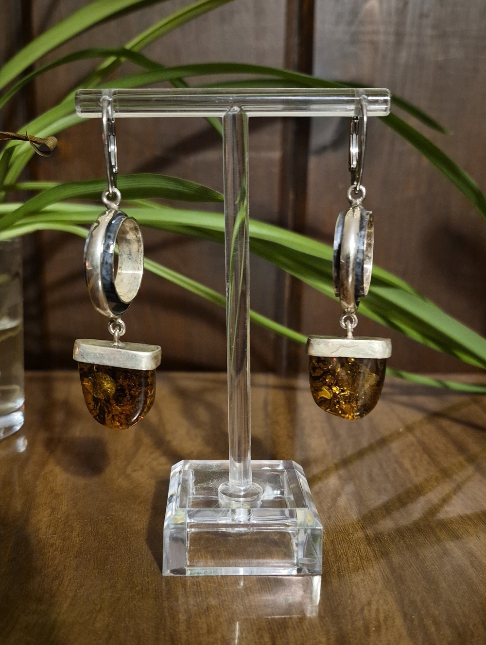 Sterling Silver Amber Drop Earrings - Brown Amber Accents